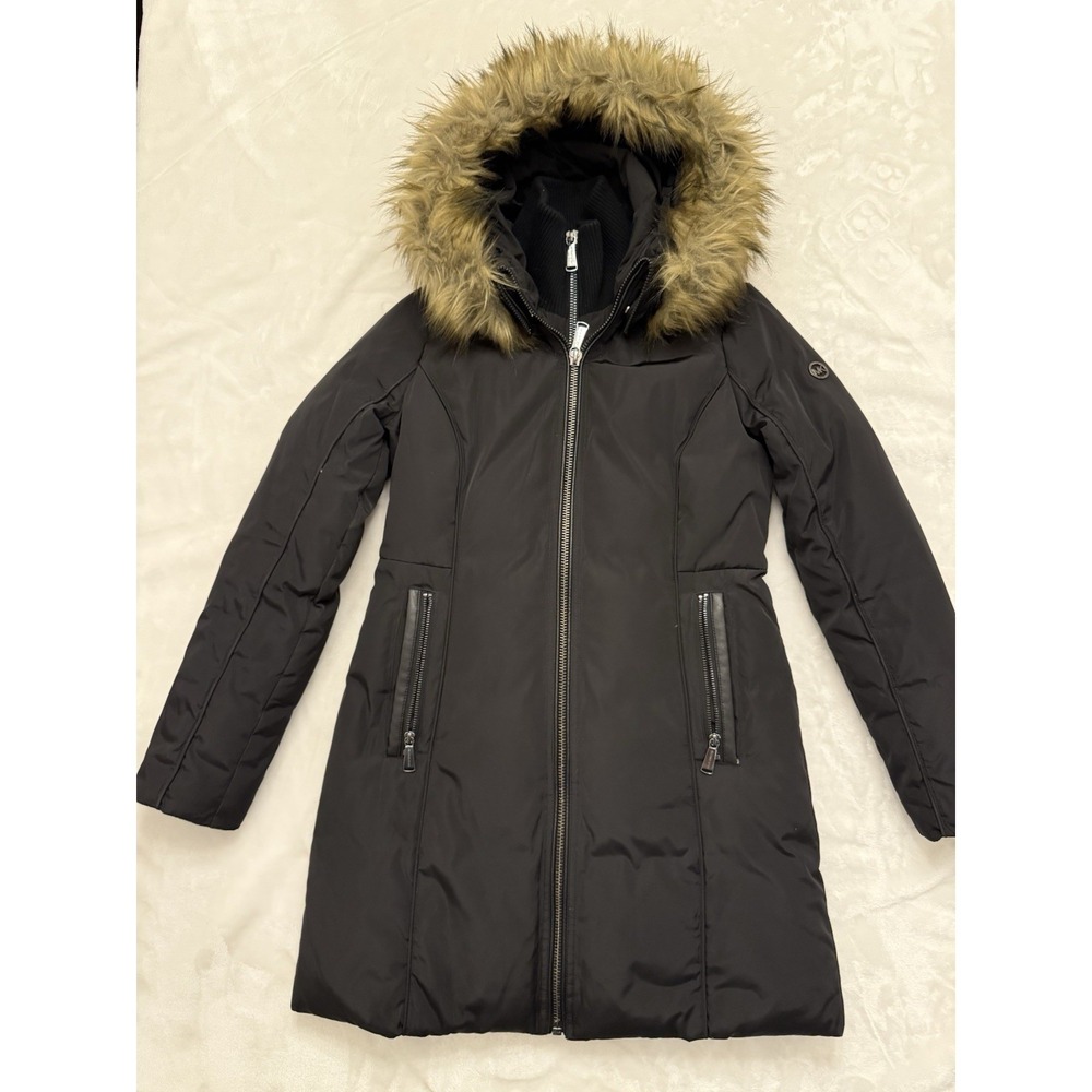 Michael Kors Black Down Faux Fur Trim Hooded Puffer Parka Coat Womens RN 79675